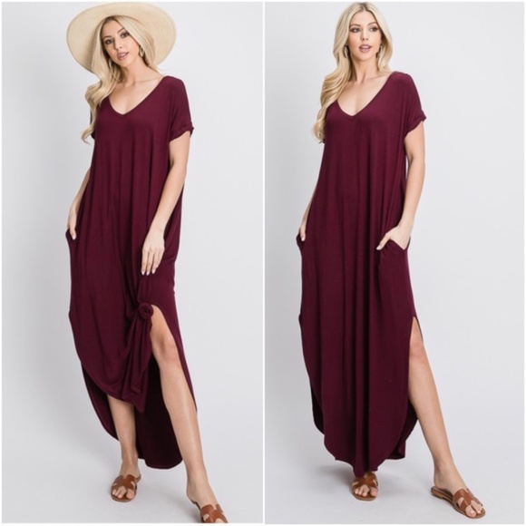 01 Solid Oversized V neck Side Slit Pocket Maxi Dress - Picture 5 of 6